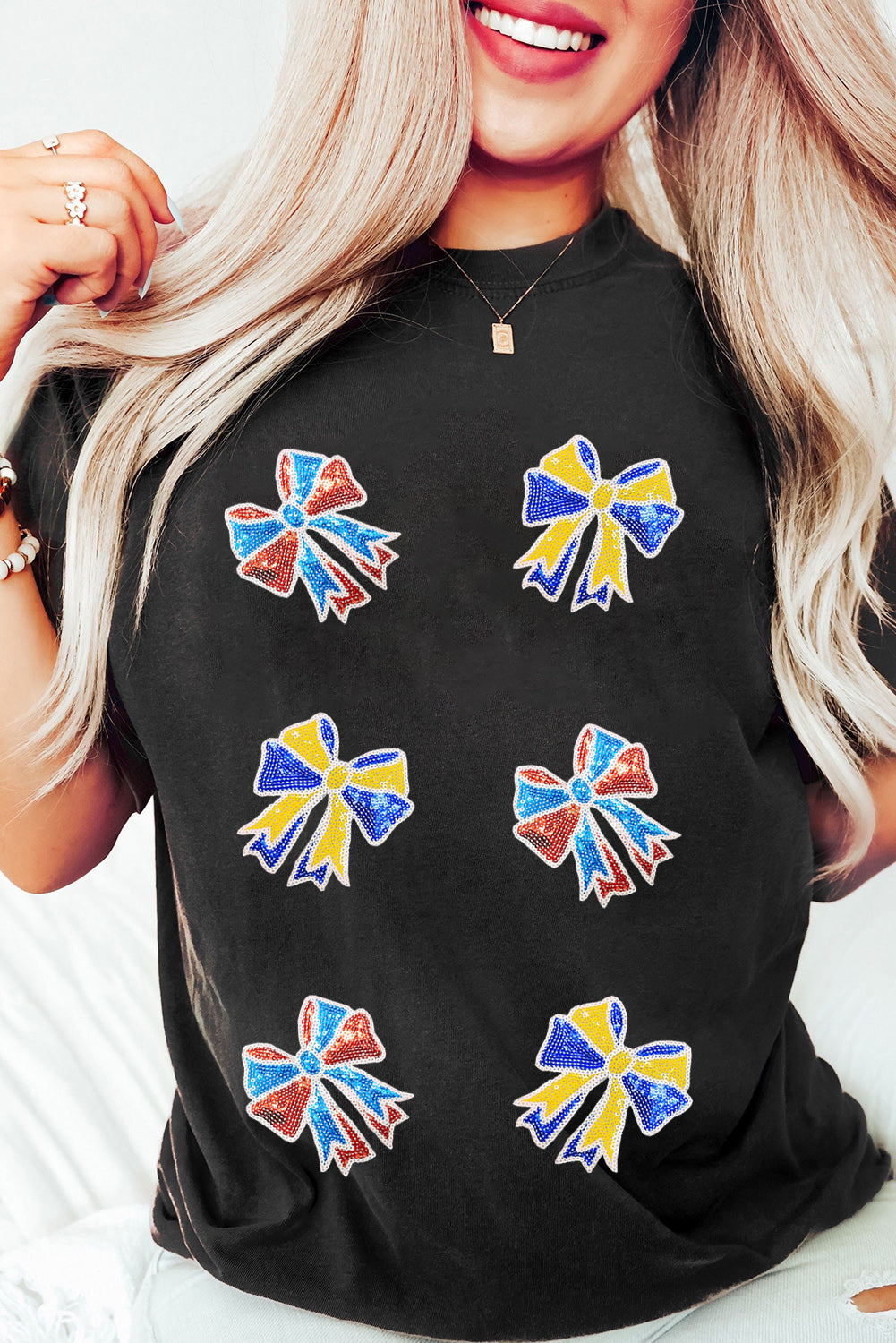Black Cheerful Sequin Bow Patched Game Day T Shirt 🇺🇸