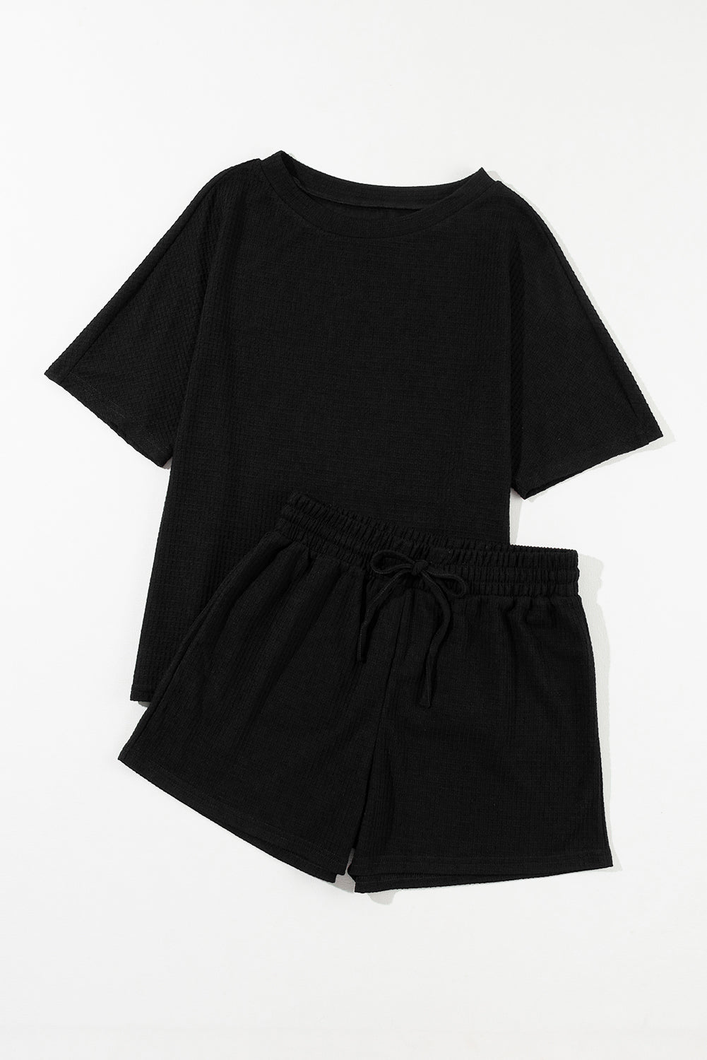 Black Casual Textured Tee and Drawstring Shorts Set 🇨🇳