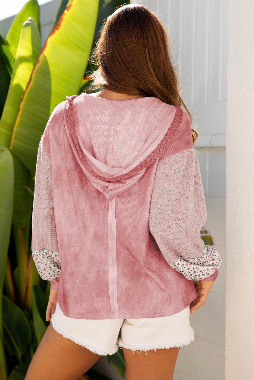 Pink Floral Patched Waffle Textured Colorblock V Neck Casual Hooded Top 🇺🇸