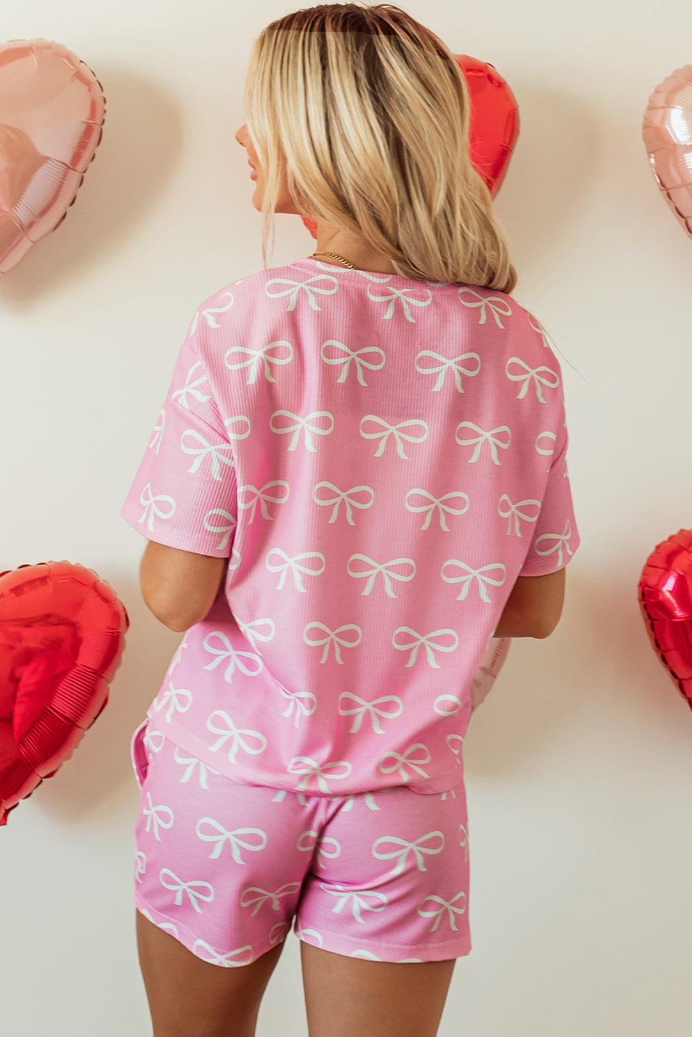 Pink Waffle Knit Bowknot Printed V Neck T Shirt and Shorts Set 🇺🇲