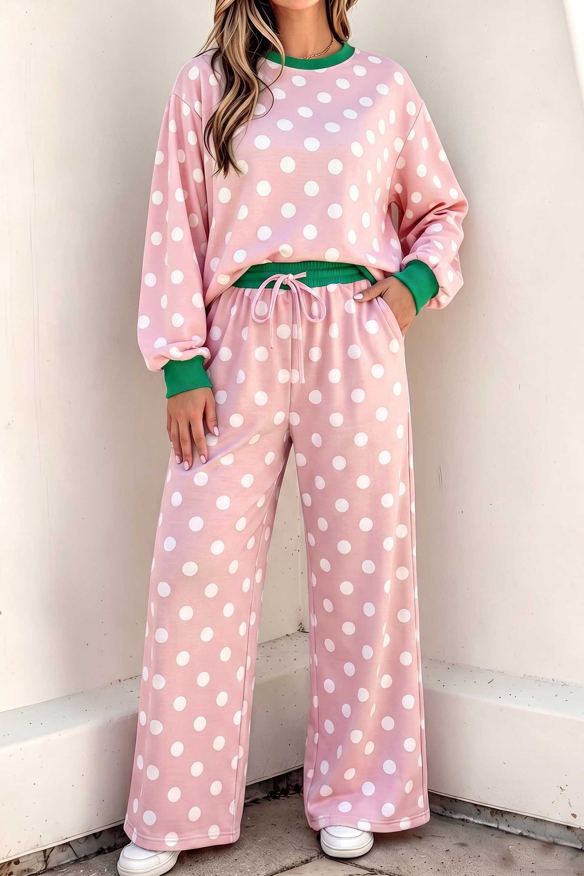 Sky Blue Polka Dot Contrast Trim Long Sleeve Top Drawstring Shift Pants Set 🇺🇸