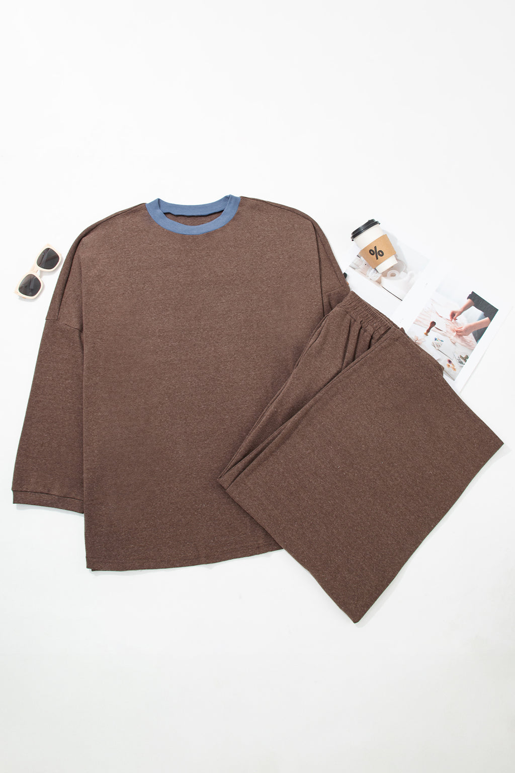 Dark Brown Long Sleeve Round Neck Patchwork Colorblock Plus Size Set  🇺🇸