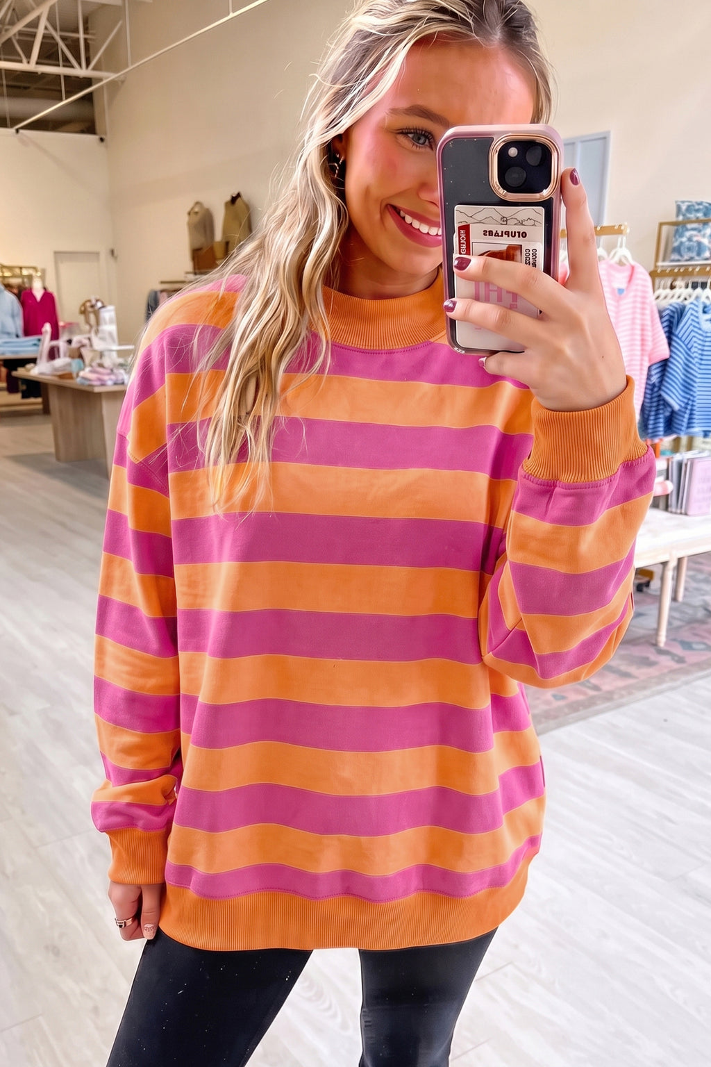 Blue Stripe Colorblock Mock Neck Relaxed Sweatshirt 🇺🇸