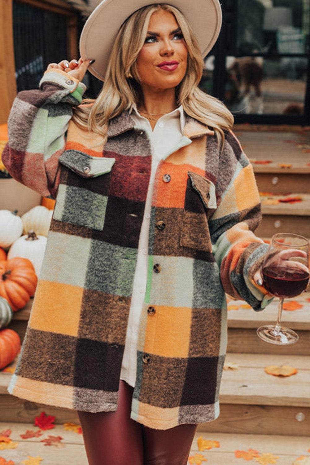 Orange Plaid Print Flap Pocket Long Jacket 🇺🇸