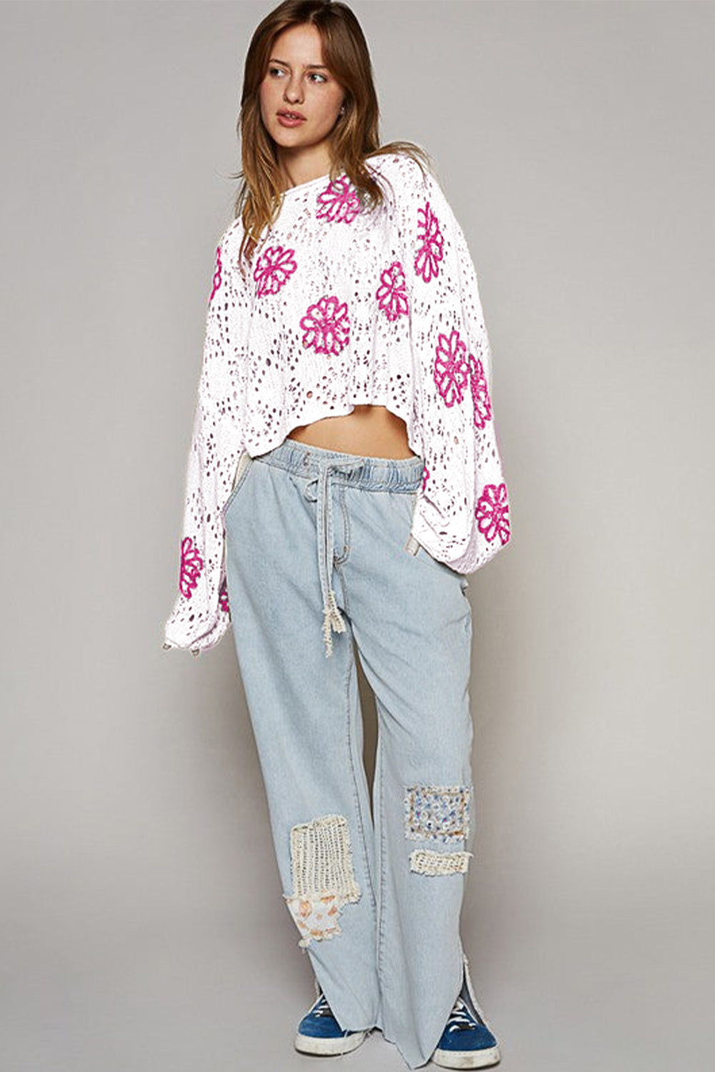 White Contrast Flower Print Eyelet Drop Shoulder Sweater 🇨🇳