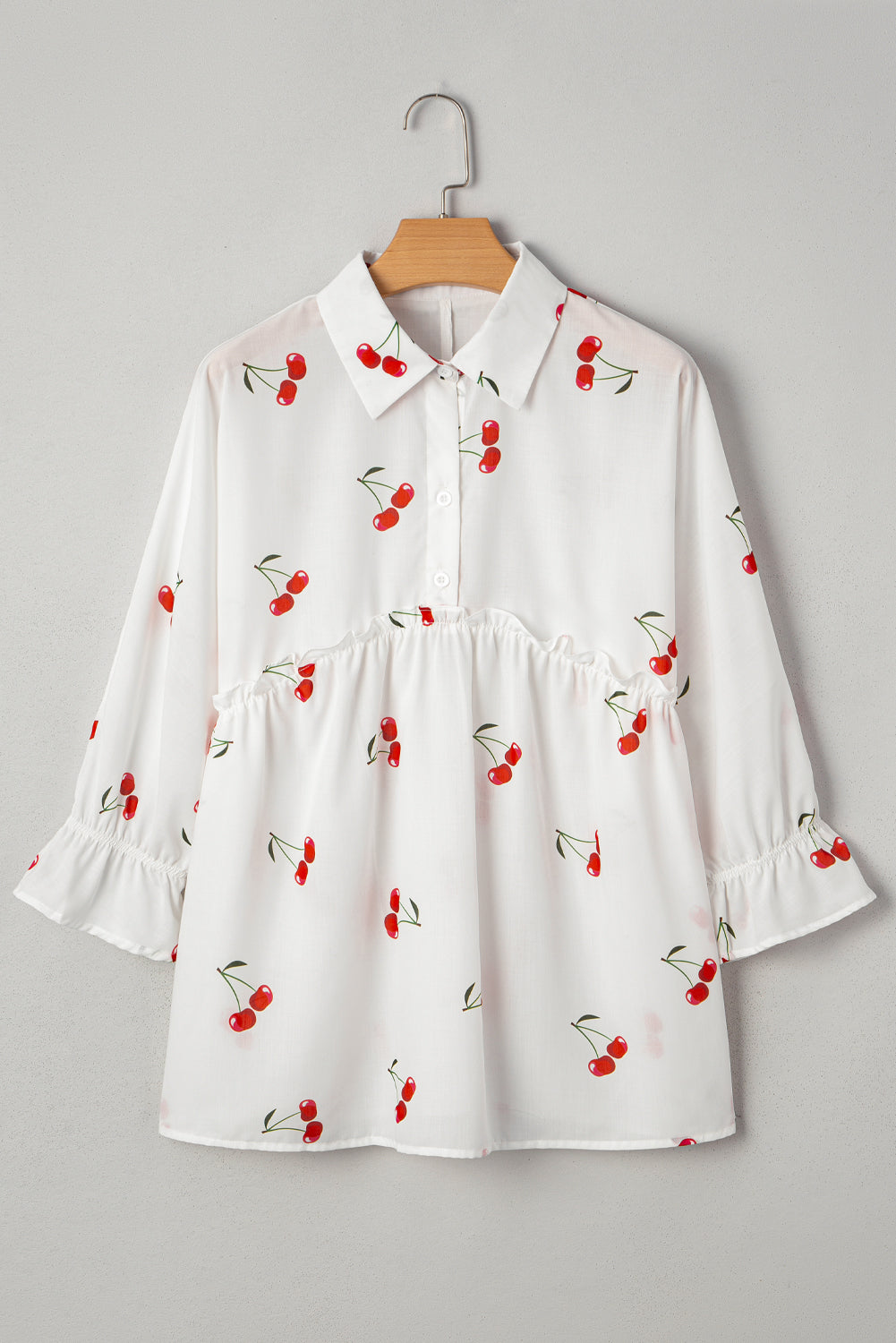White Cherry Print Flounce Sleeve Collared Frilled Babydoll Blouse 🇺🇸