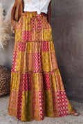 Orange Tiered Paisley Print Pocketed Maxi Skirt 🇺🇸