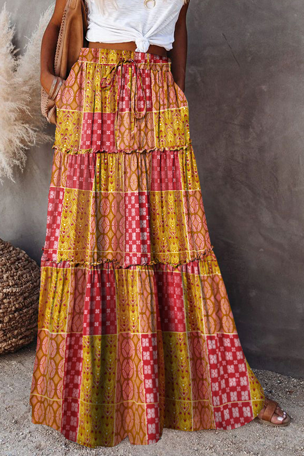 Orange Tiered Paisley Print Pocketed Maxi Skirt 🇺🇸