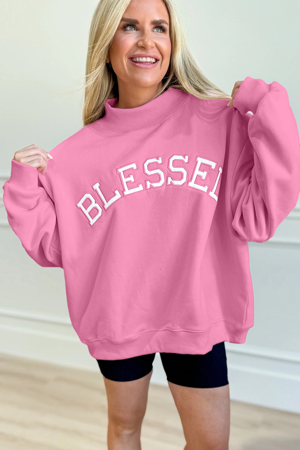Bright Pink Oversize Blessed Embroidered Mock Neck Sweatshirt 🇺🇸