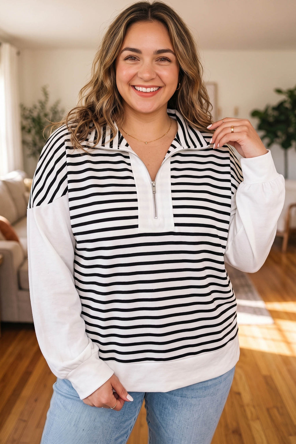 White Stripe Striped Colorblock V Neck Long Sleeve Shift Plus Size Blouse 🇺🇸