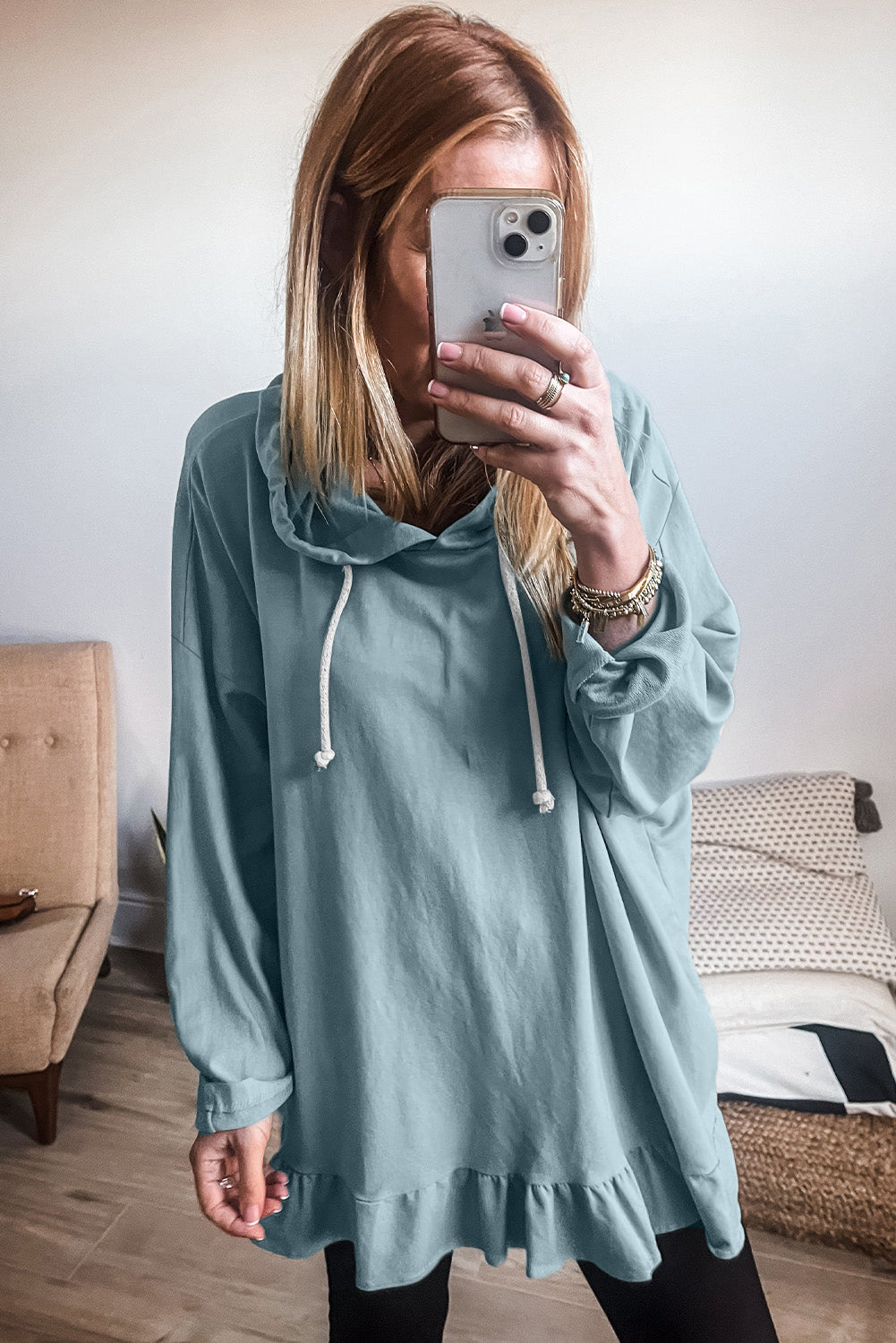 Iceland Blue Solid Ruffled Hem Loose Fit Tunic Hoodie 🇺🇸