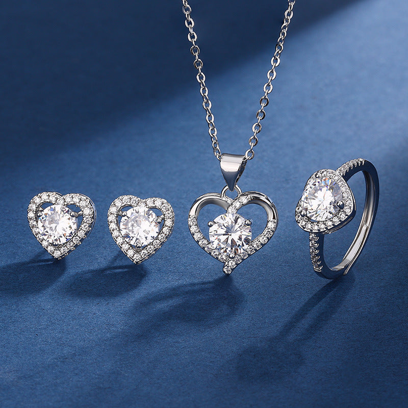 Love Design Silver Necklace Earrings Ring Suit Women 🇨🇳