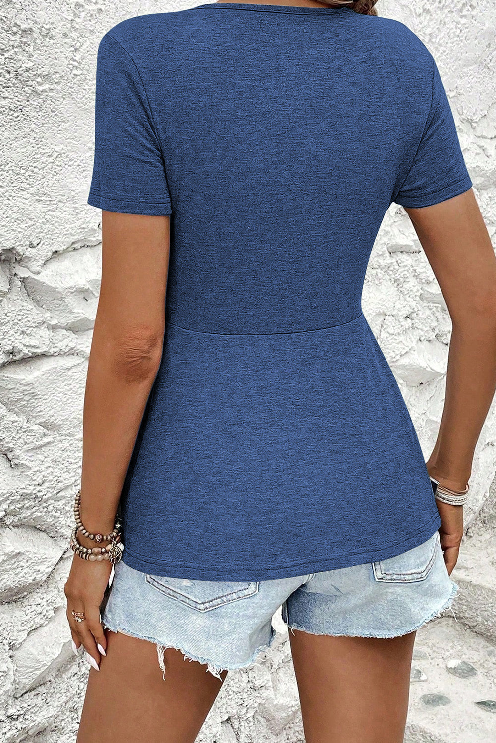 Sail Blue Twist Knot V Neck Short Sleeve Blouse 🇺🇸