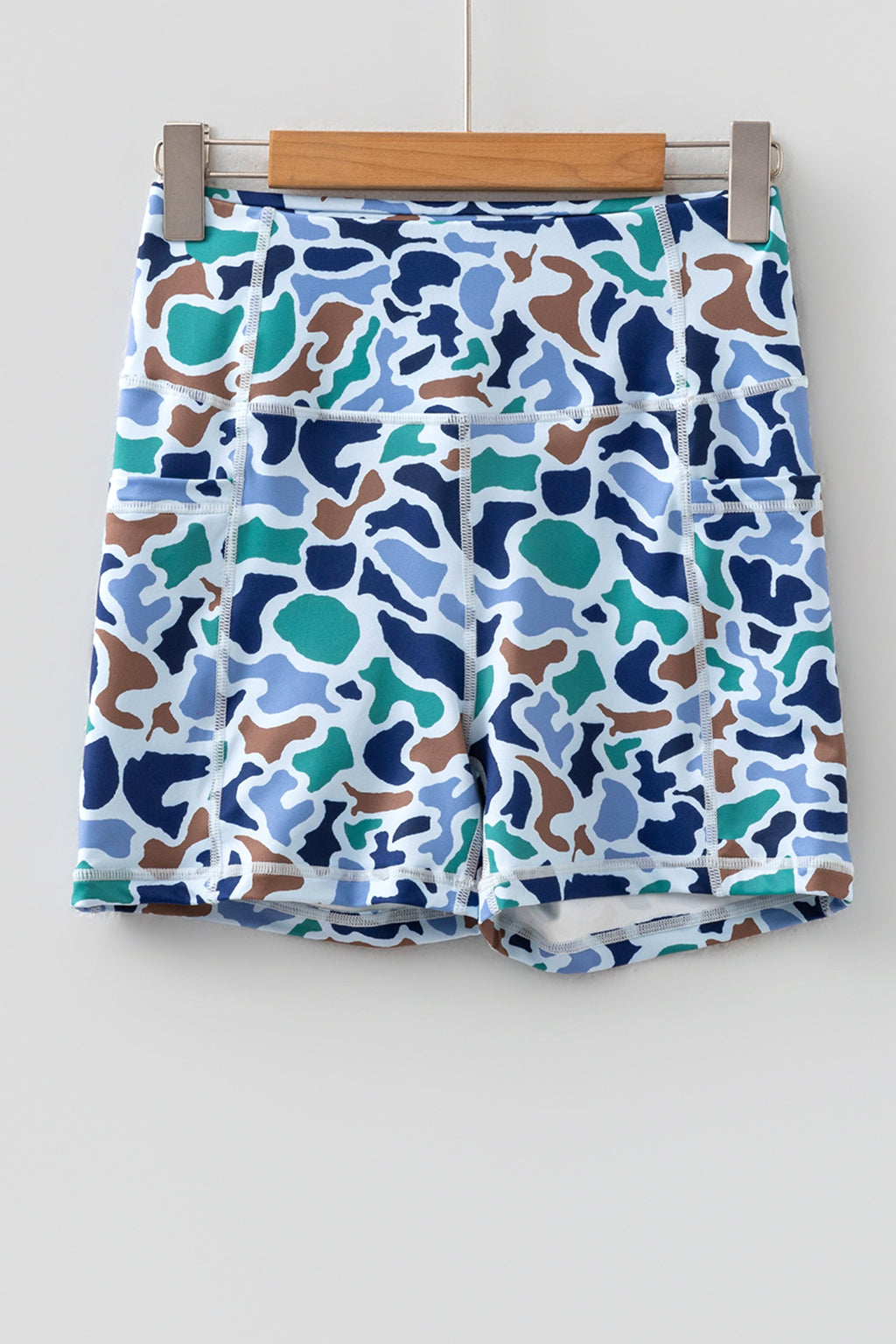 Blue Abstract Camo Printed Seam Detail Biker Shorts 🇺🇸