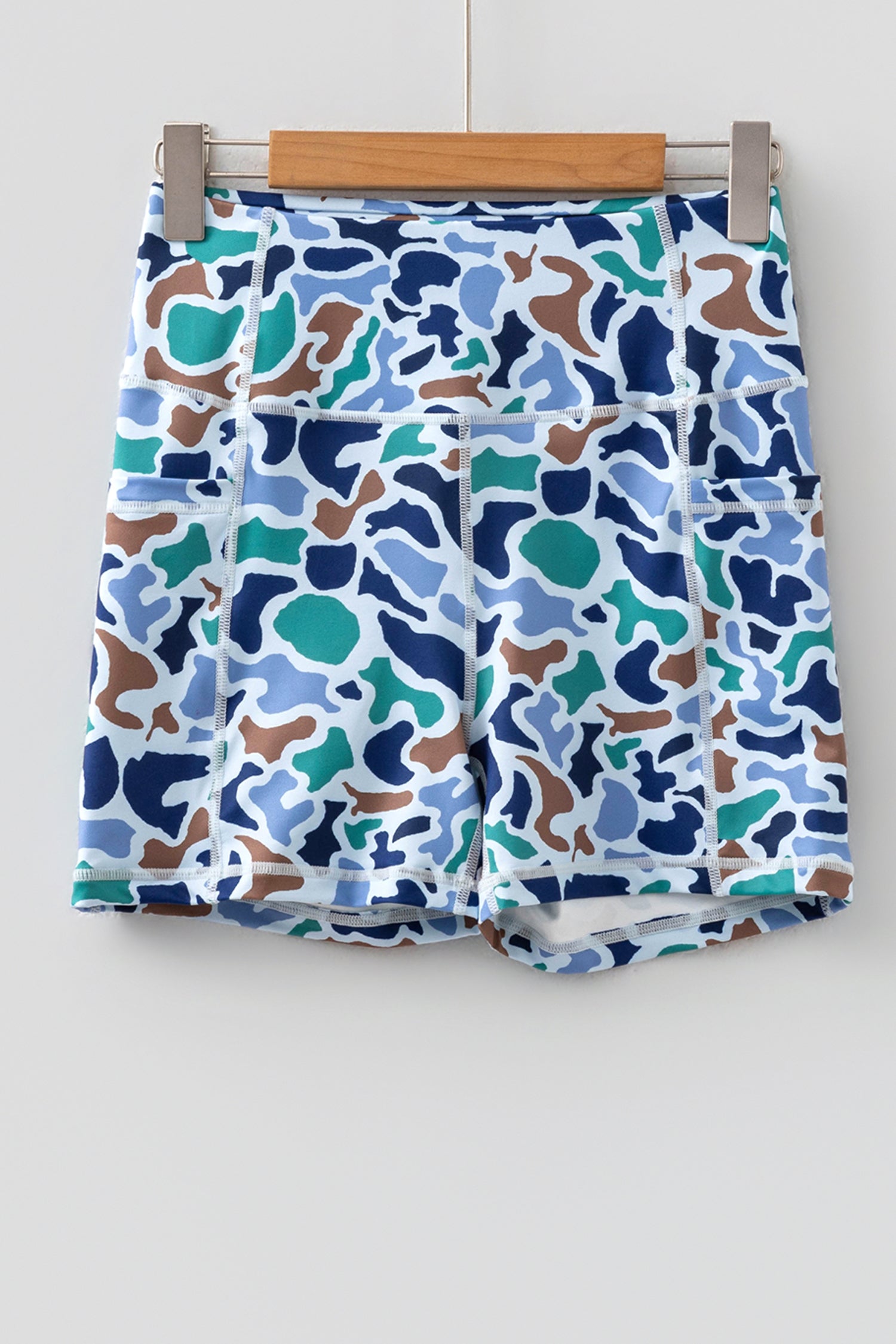 Blue Abstract Camo Printed Seam Detail Biker Shorts 🇺🇸