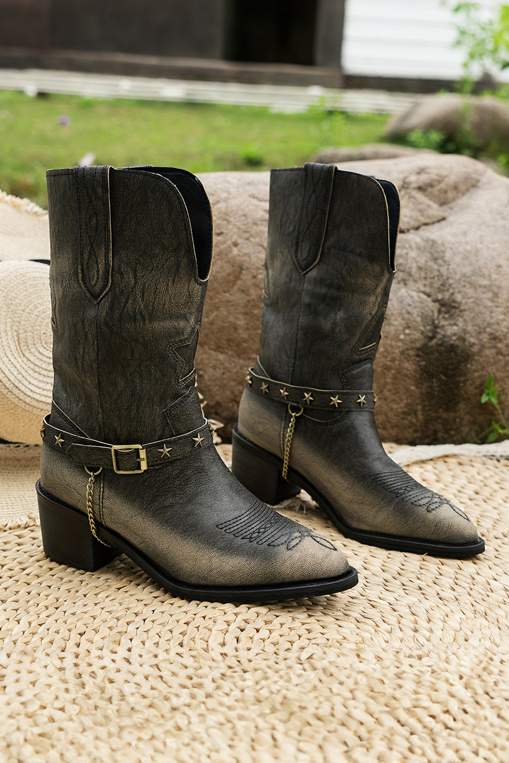 Dark Brown Western Distressed Pointed Toe Chunky Heel Boots 🇺🇸