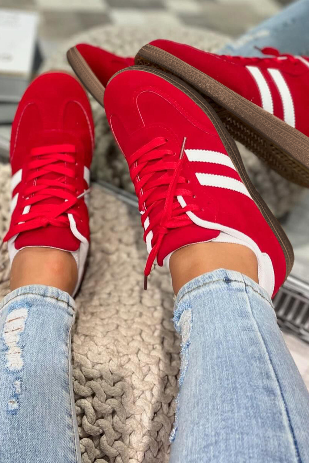 Fiery Red Vintage Striped Patchwork Lace-up Flat Shoes 🇺🇸