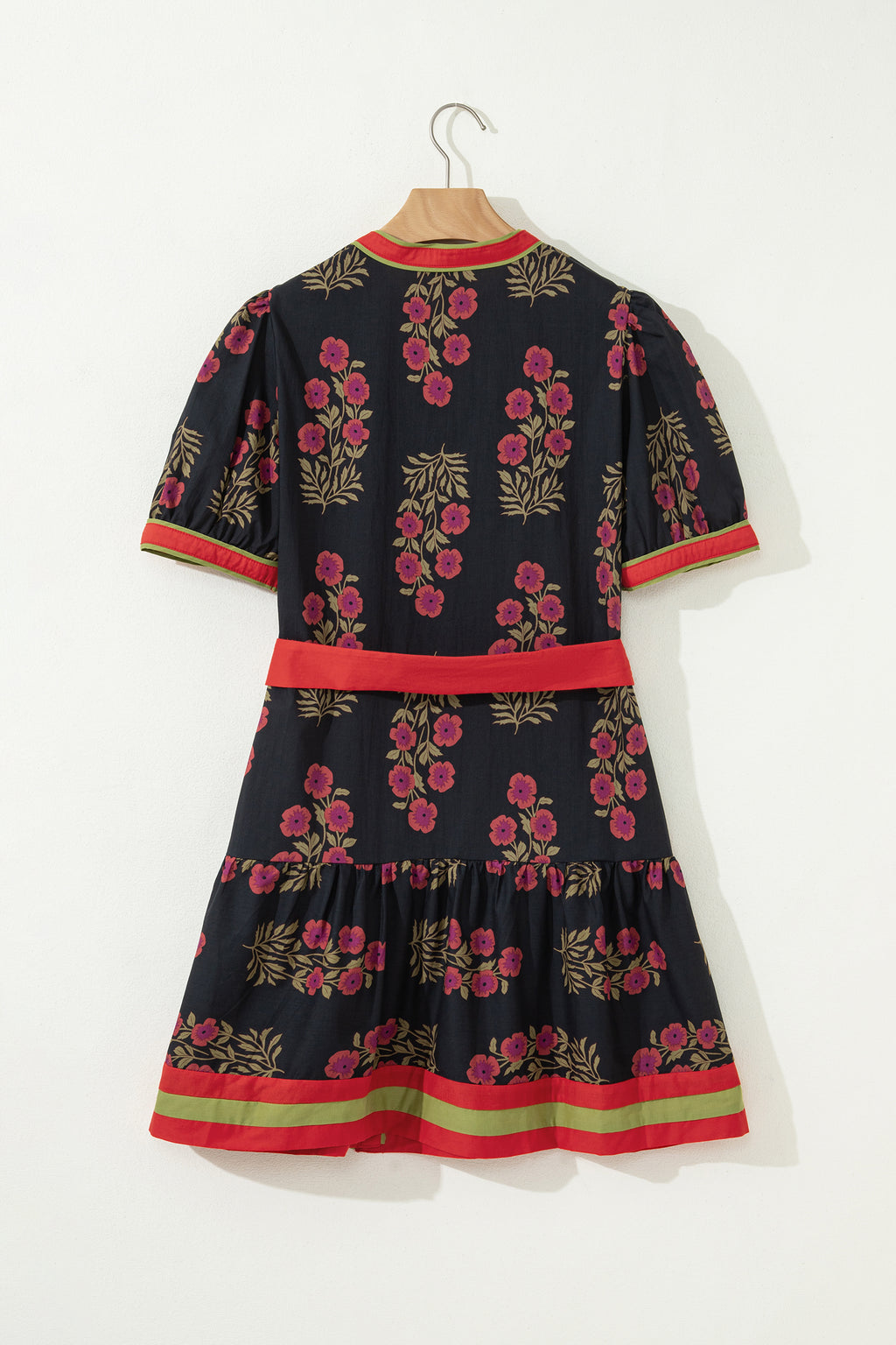 Black Retro Floral Print Button Down Belted Short Puff Sleeve Mini Dress 🇺🇸