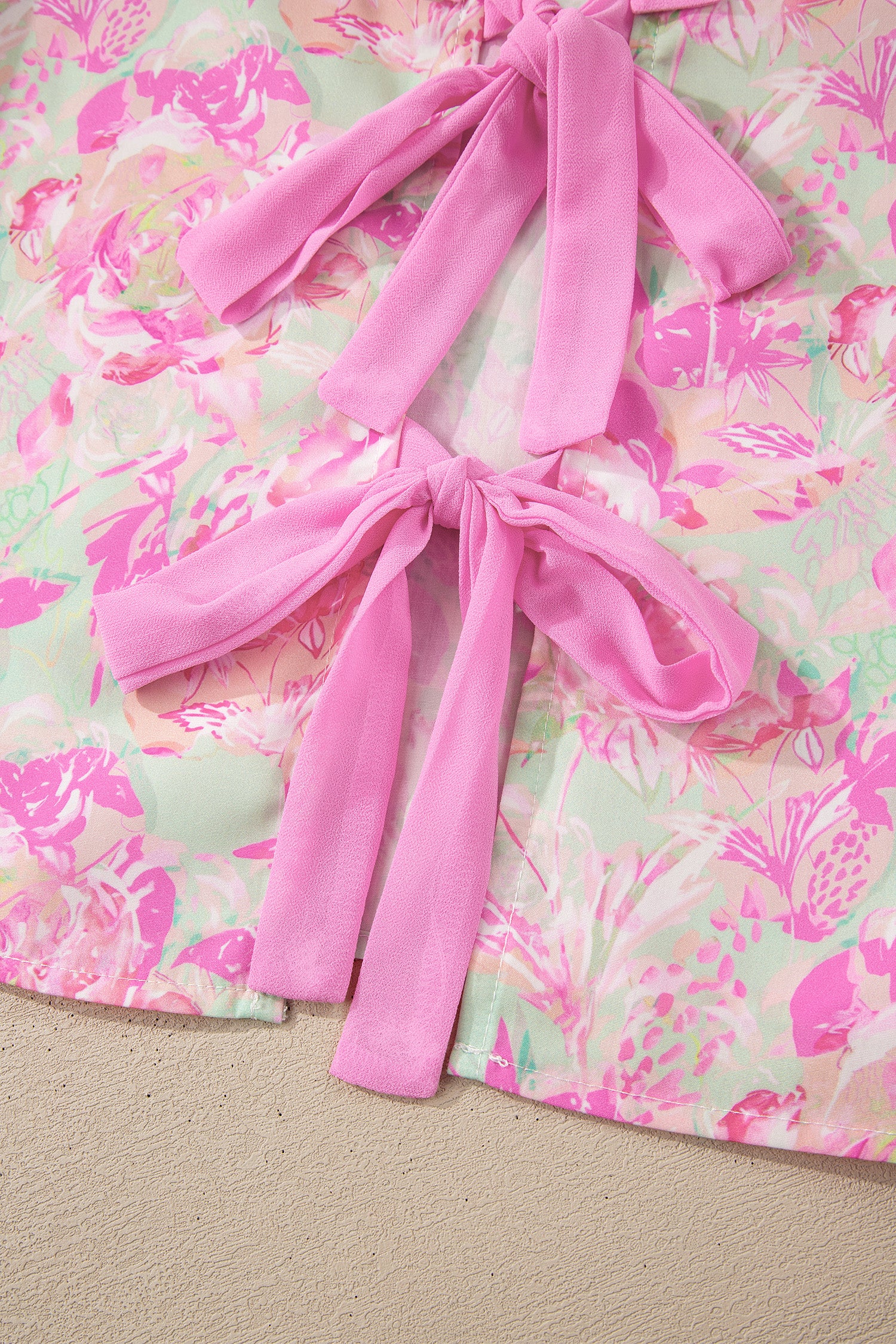 Pink Ribbon Knot Front Floral Short Puff Sleeve Blouse 🇺🇸