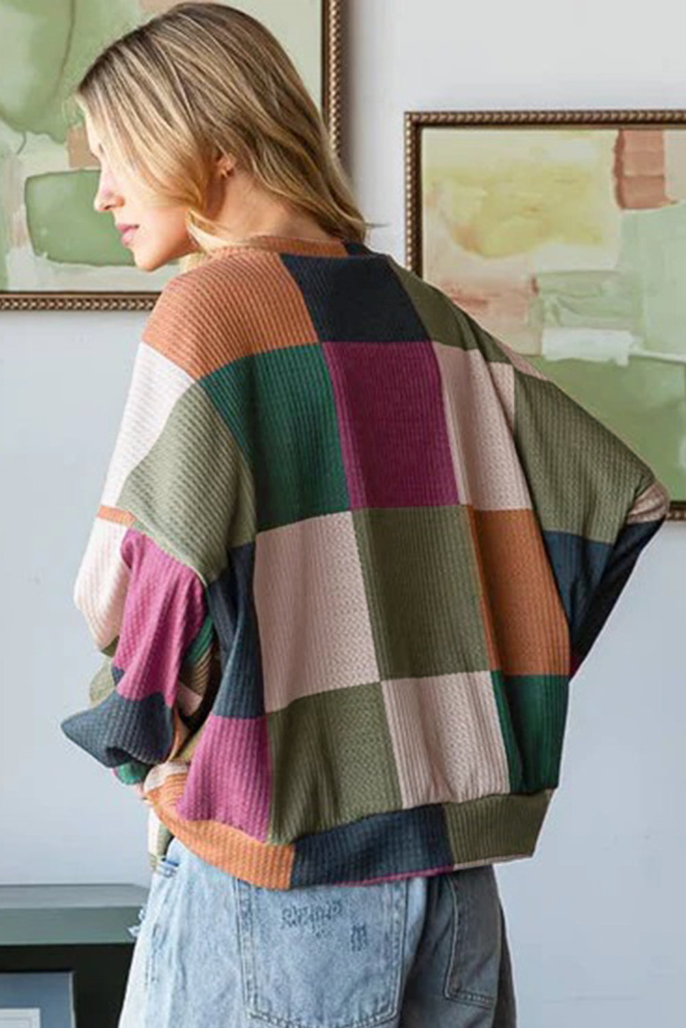 Green Checkered Print Textured Knit Long Sleeve Loose Top 🇺🇸