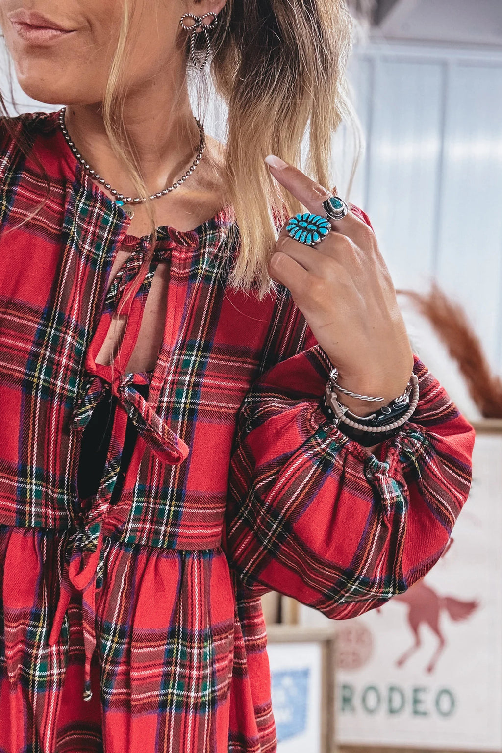 Red Plaid Tie Front Long Sleeve Short Shift Dress 🇺🇸