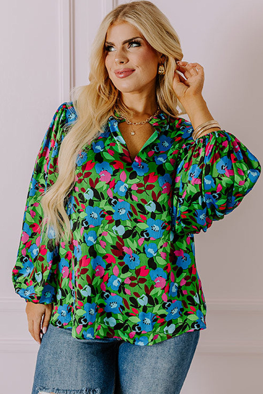 Green Plus Size Floral Bubble Sleeve V Neck Blouse 🇺🇸