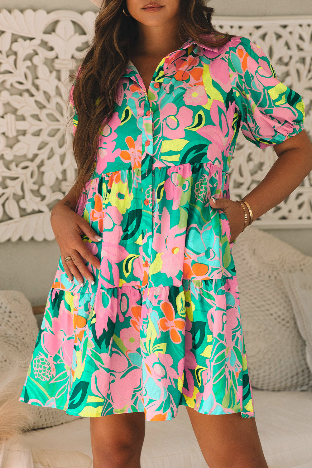 Green Floral Puff Sleeve Collar Buttoned Babydoll Dress 🇺🇸