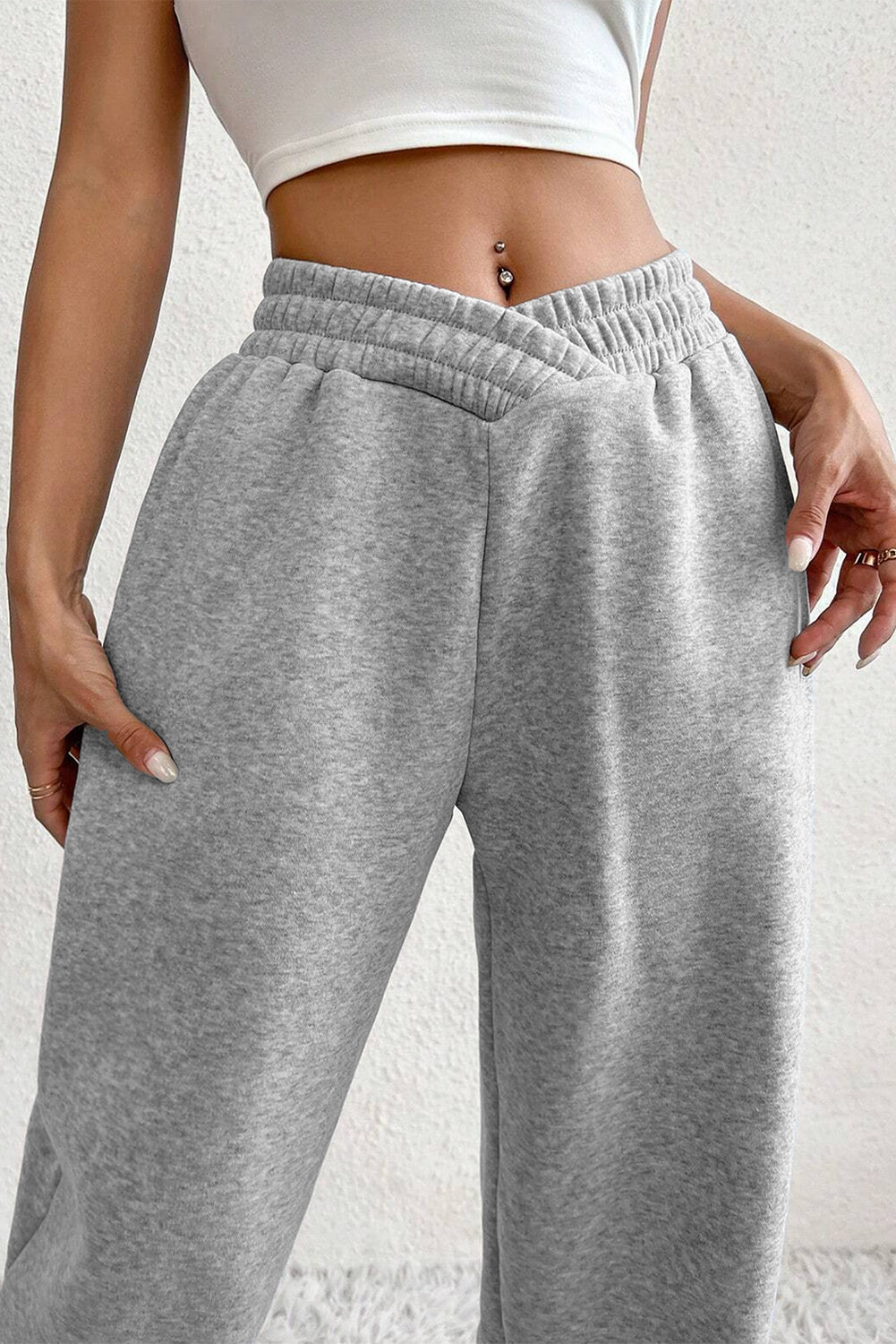 Light Grey Solid Color Crisscross Elastic Waist Sweatpants 🇺🇸