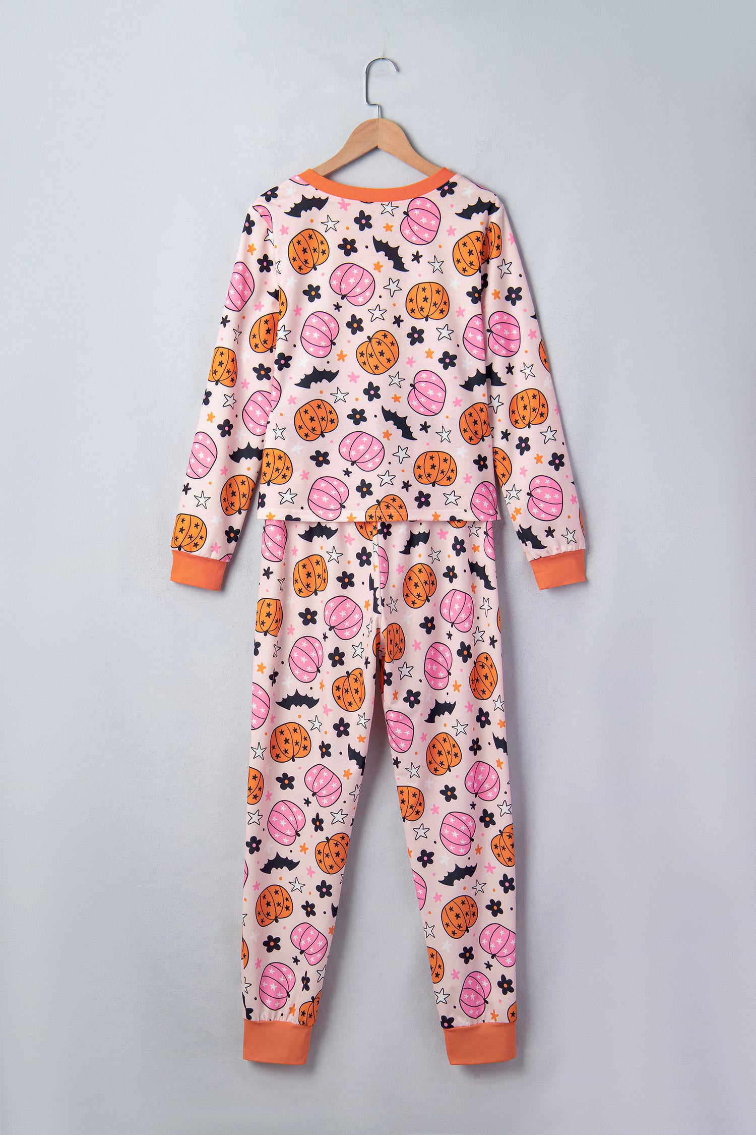 Pink Halloween Pumpkin Print Long Sleeve Home Wear Lounge Set 🇺🇸