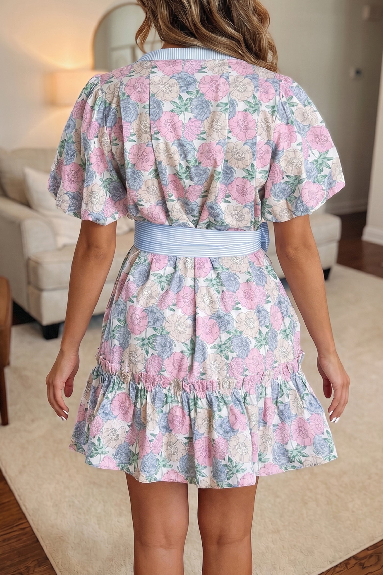 White Floral Print Striped Contrast Trim Belted Short Dress 🇺🇸