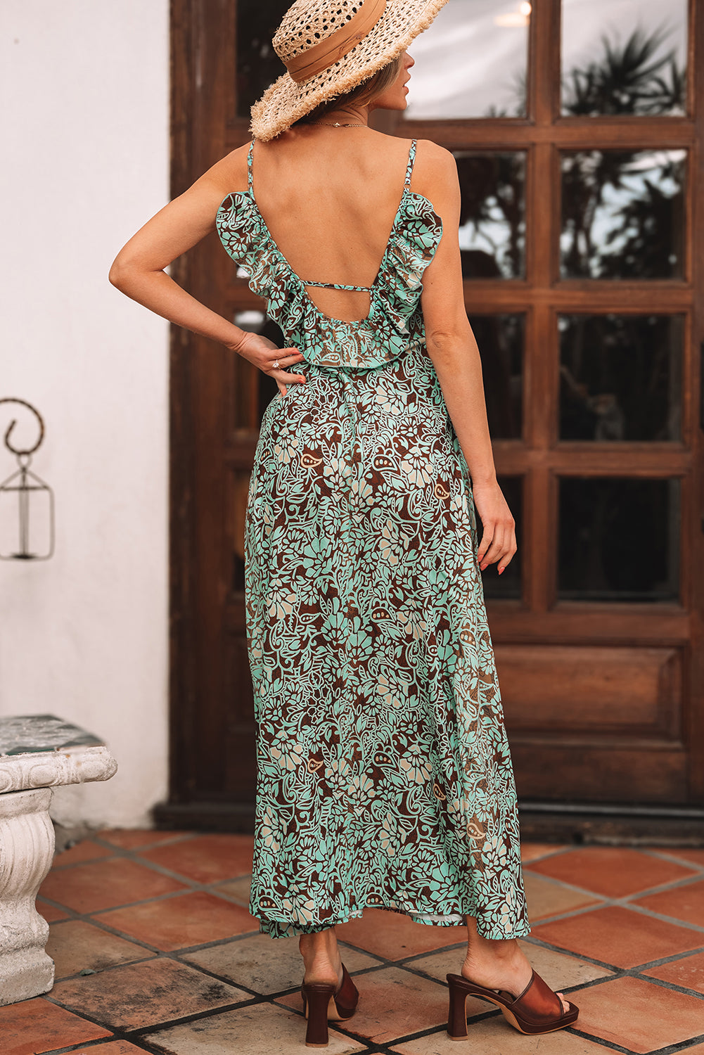 Green Floral Print V Neck Ruffled Trim Backless Tassel Waist Maxi Dress 🇺🇸