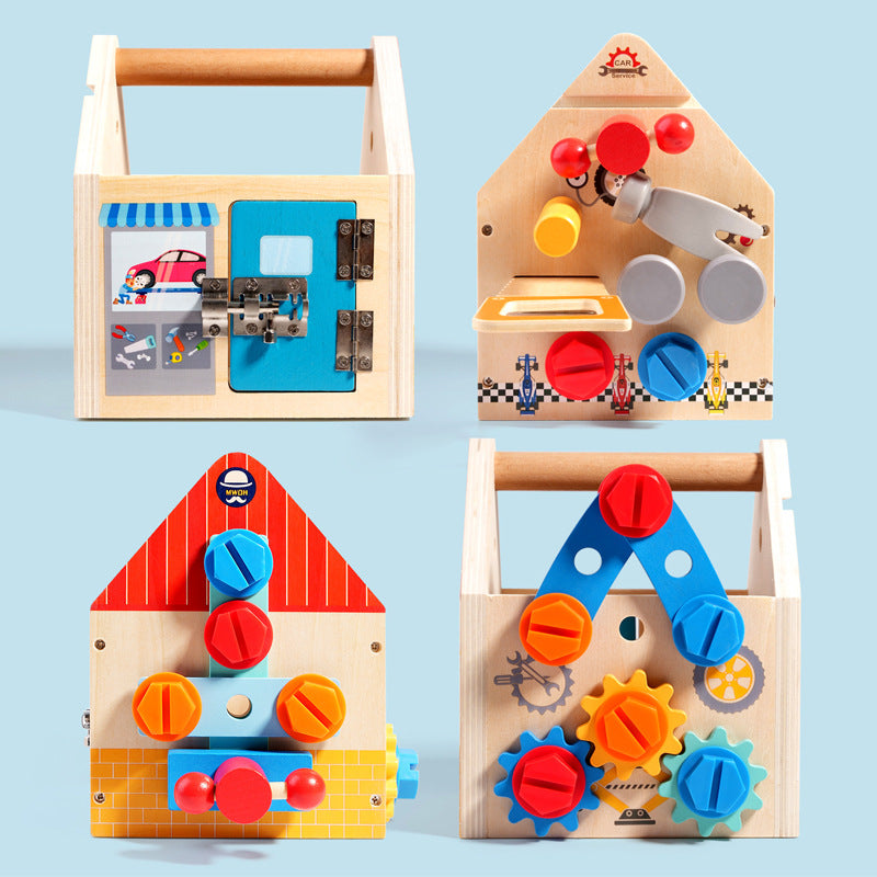 Children's wooden multifunctional toolbox, busy block, screw and nut removal, hand-held tool, blue puzzle toy 🇨🇳