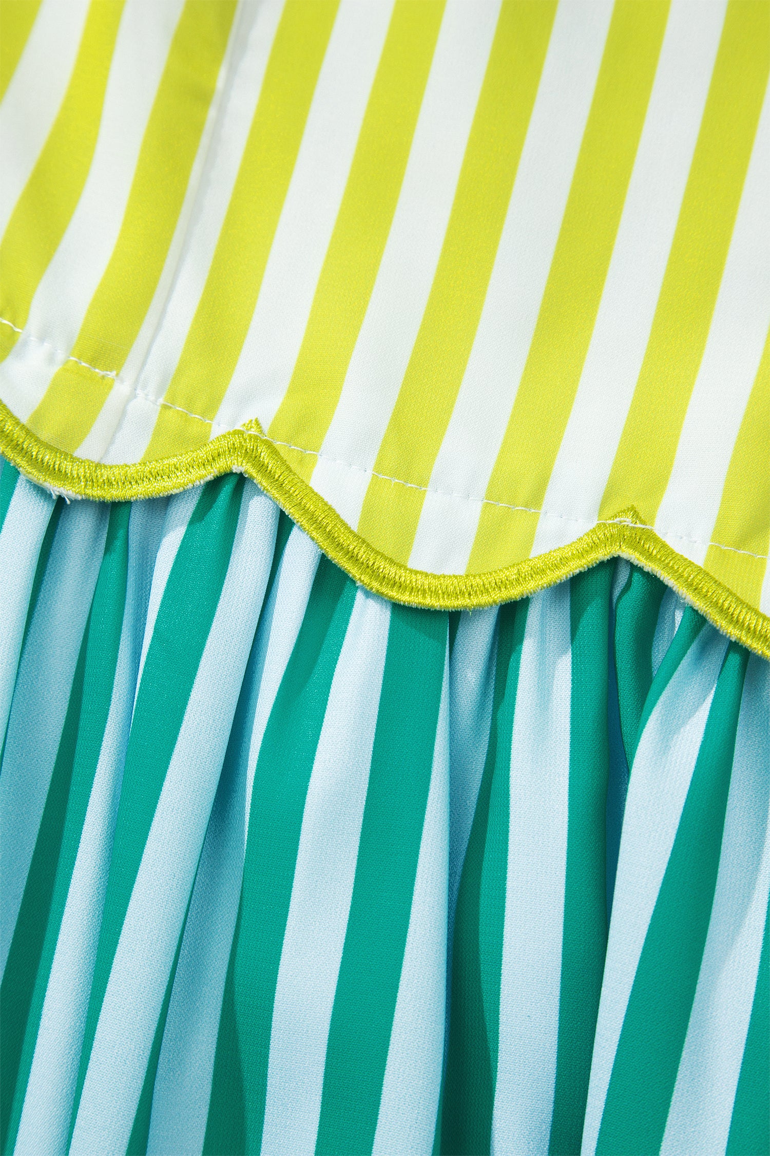 Green Stripe Scalloped Contrast Patchwork Knot Strap Midi Dress 🇺🇸