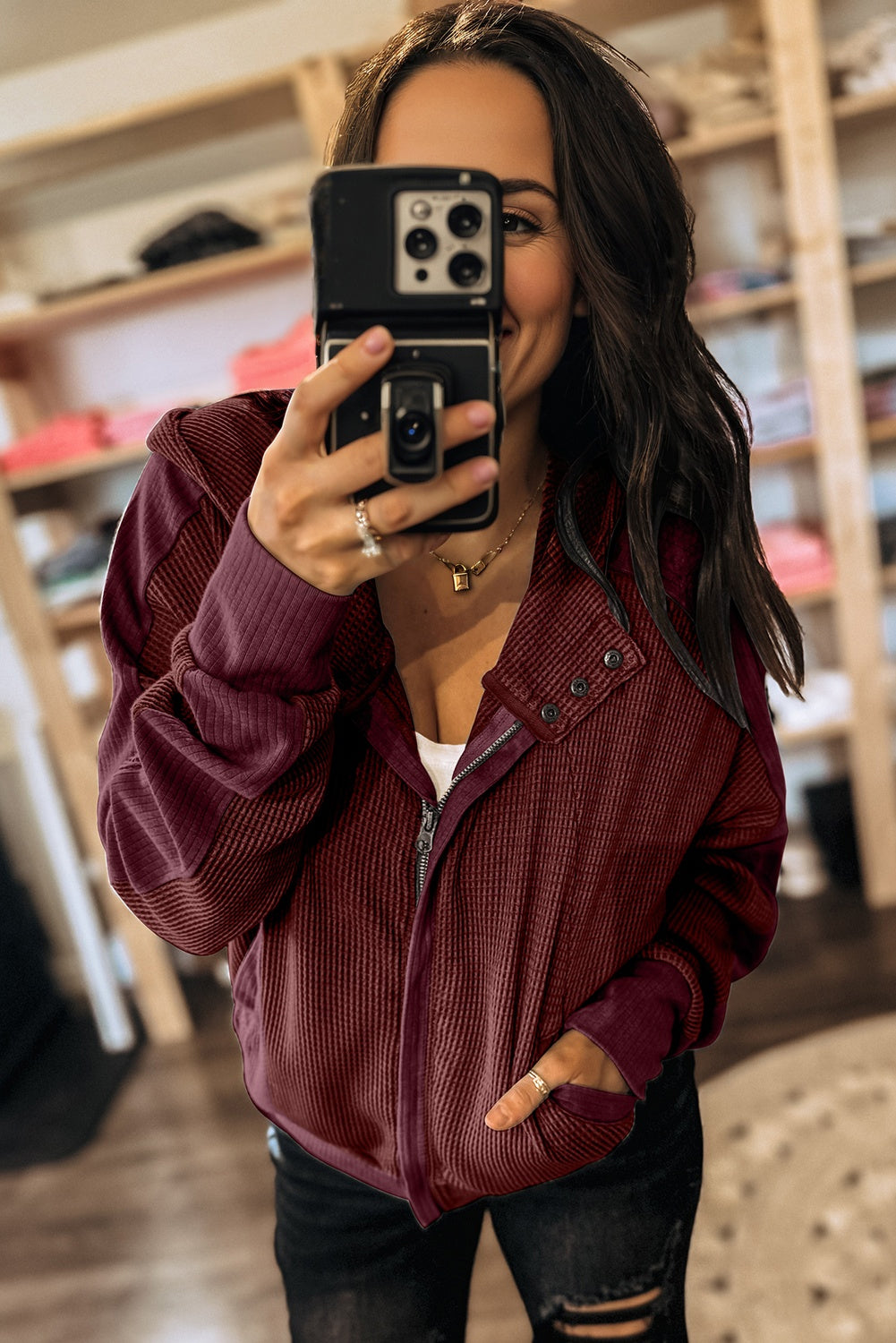 Burgundy Waffle Splicing Zip Up Front Button Hooded Jacket 🇺🇸