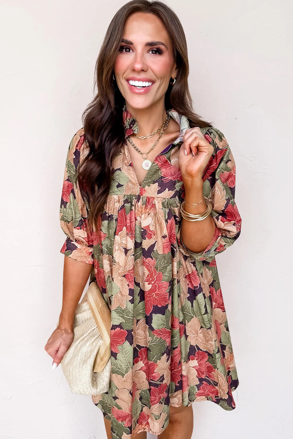 Green Floral Print Frilled Collar V Neck Half Sleeve Mini Dress 🇺🇸