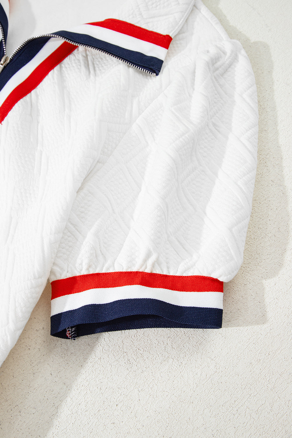 White Textured Jacquard Colorblock Edge Puff Sleeve Quarter Zip Mini Dress 🇨🇳