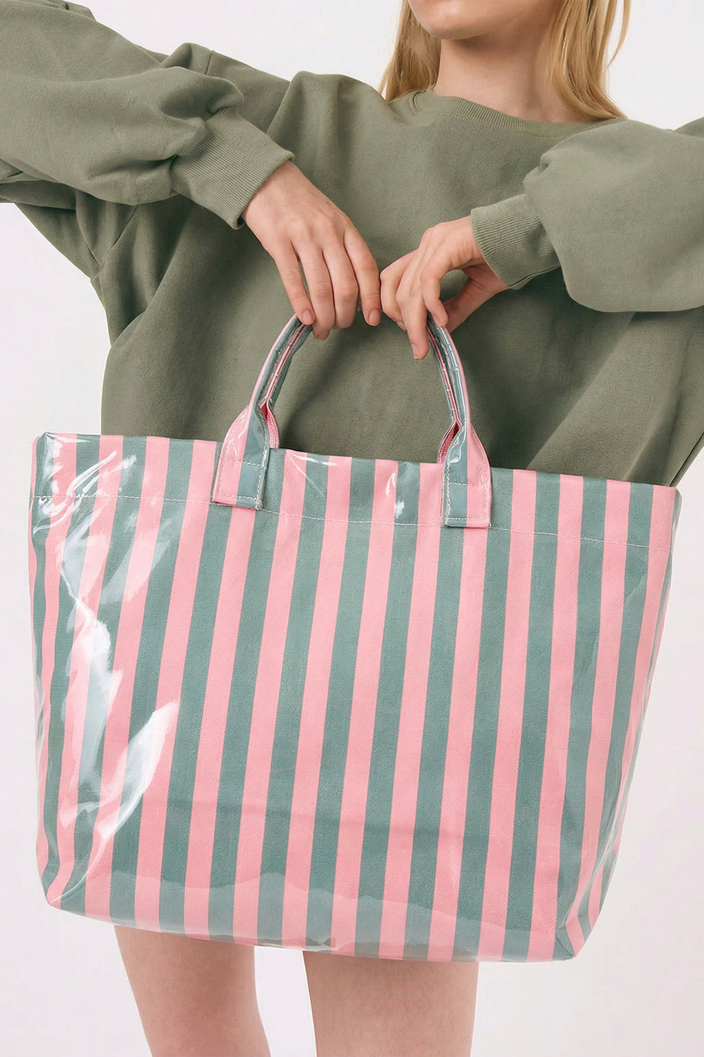 Blackish Green Glossy Striped Vinyl Large Tote Bag 🇺🇸
