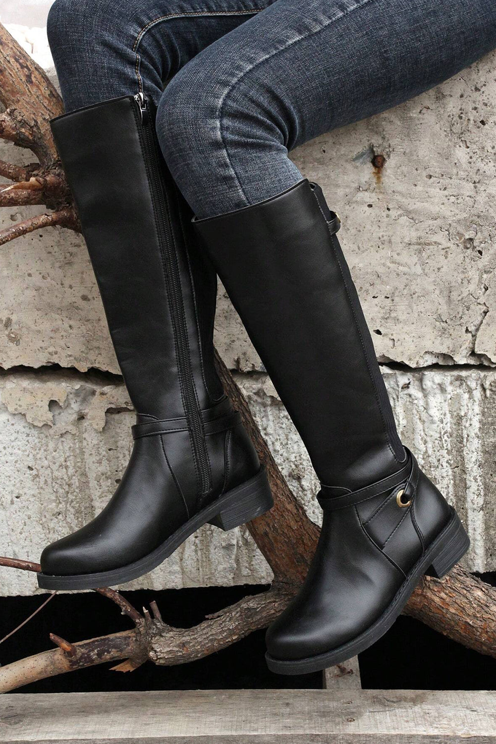 Black Side Zipper Knee High Chunky Low Heel Boots 🇨🇳