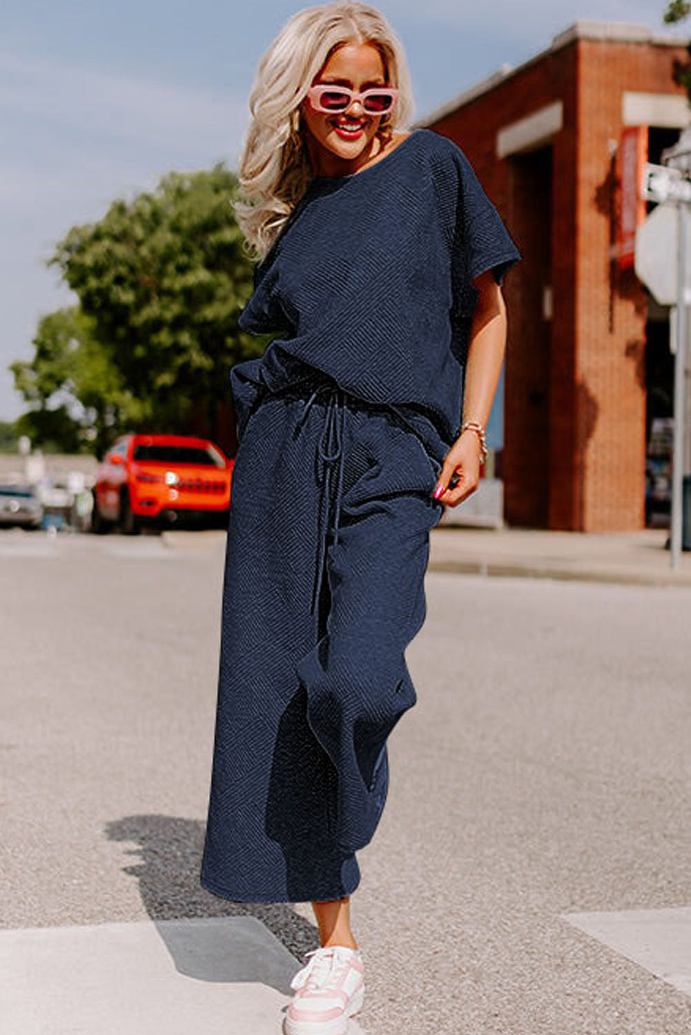 Navy Blue Textured Loose Fit T Shirt and Drawstring Pants Set 🇨🇳