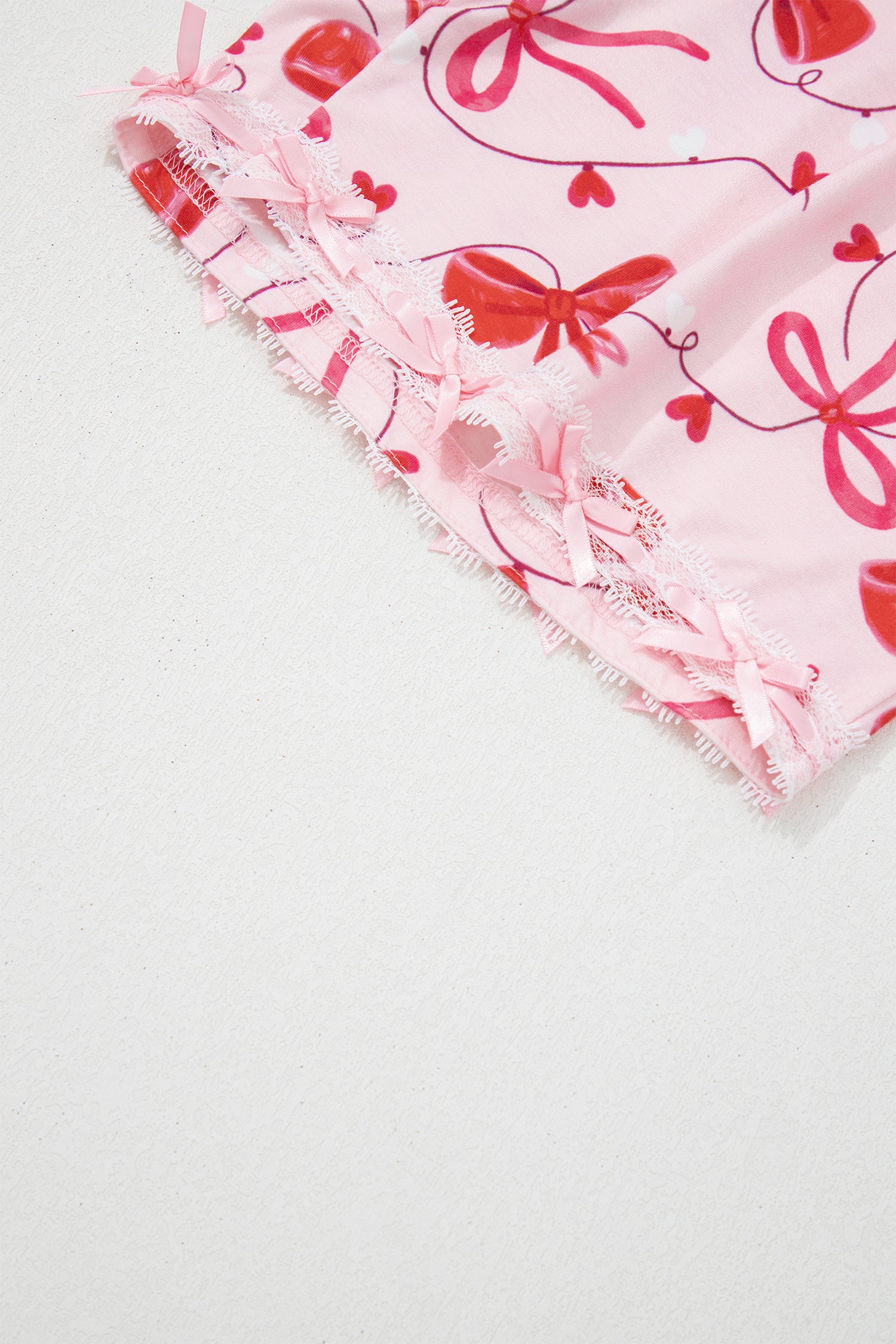 Red Romantic Bow Print Loose Tee Drawstring Shorts 2pcs Lounge Set 🇺🇸