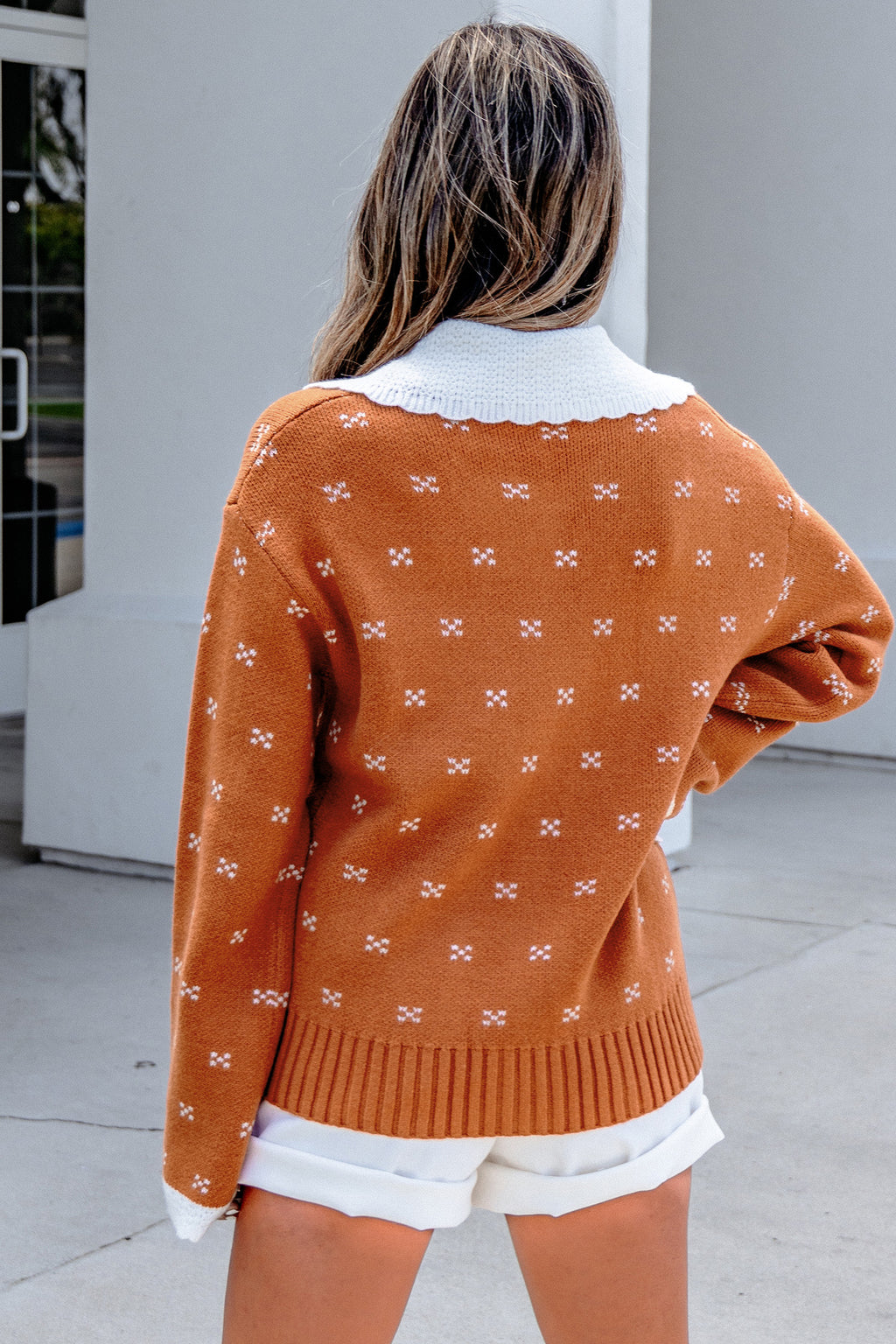 Russet Orange Peter Pan Collar Colorblock Long Sleeve Knitwear Cardigan 🇺🇸