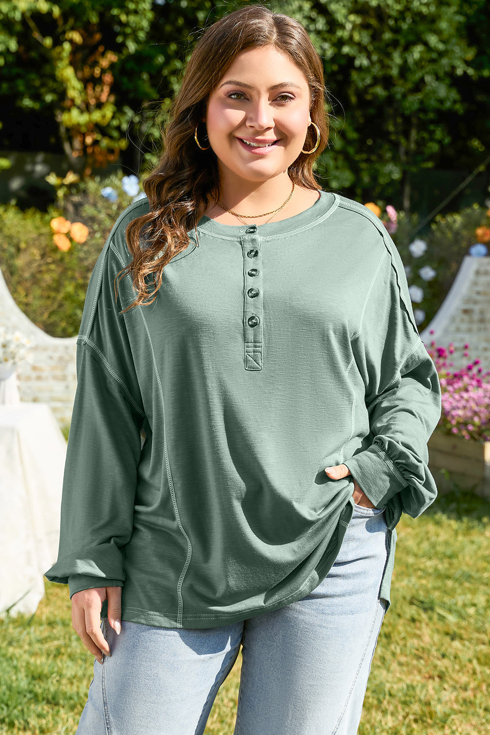 Seagrass Plus Size Exposed Seam Drop Shoulder Henley Top 🇨🇳