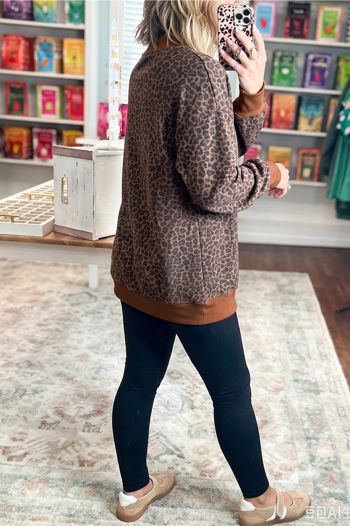Brown Leopard Print High Neck Long Sleeve Ribbed Cuffs Hem Sweatshirt 🇺🇸