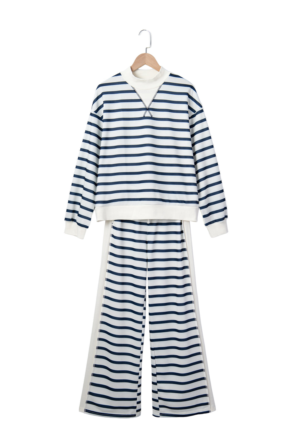 Blue Stripe Striped Ribbed Cuff Collar Pocket Loose Pant Set 🇺🇸