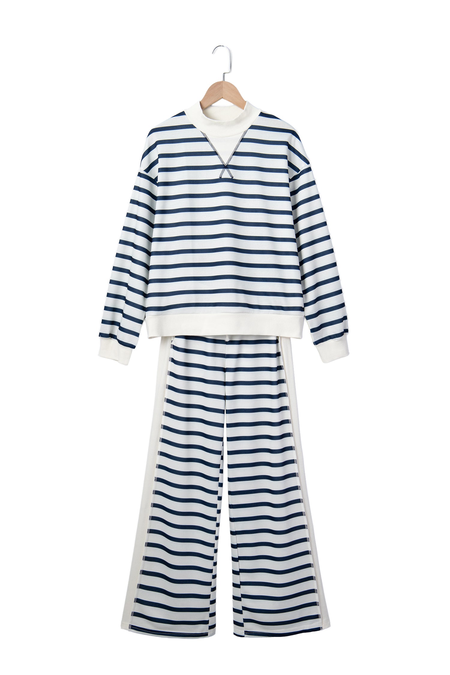 Blue Stripe Striped Ribbed Cuff Collar Pocket Loose Pant Set 🇺🇸