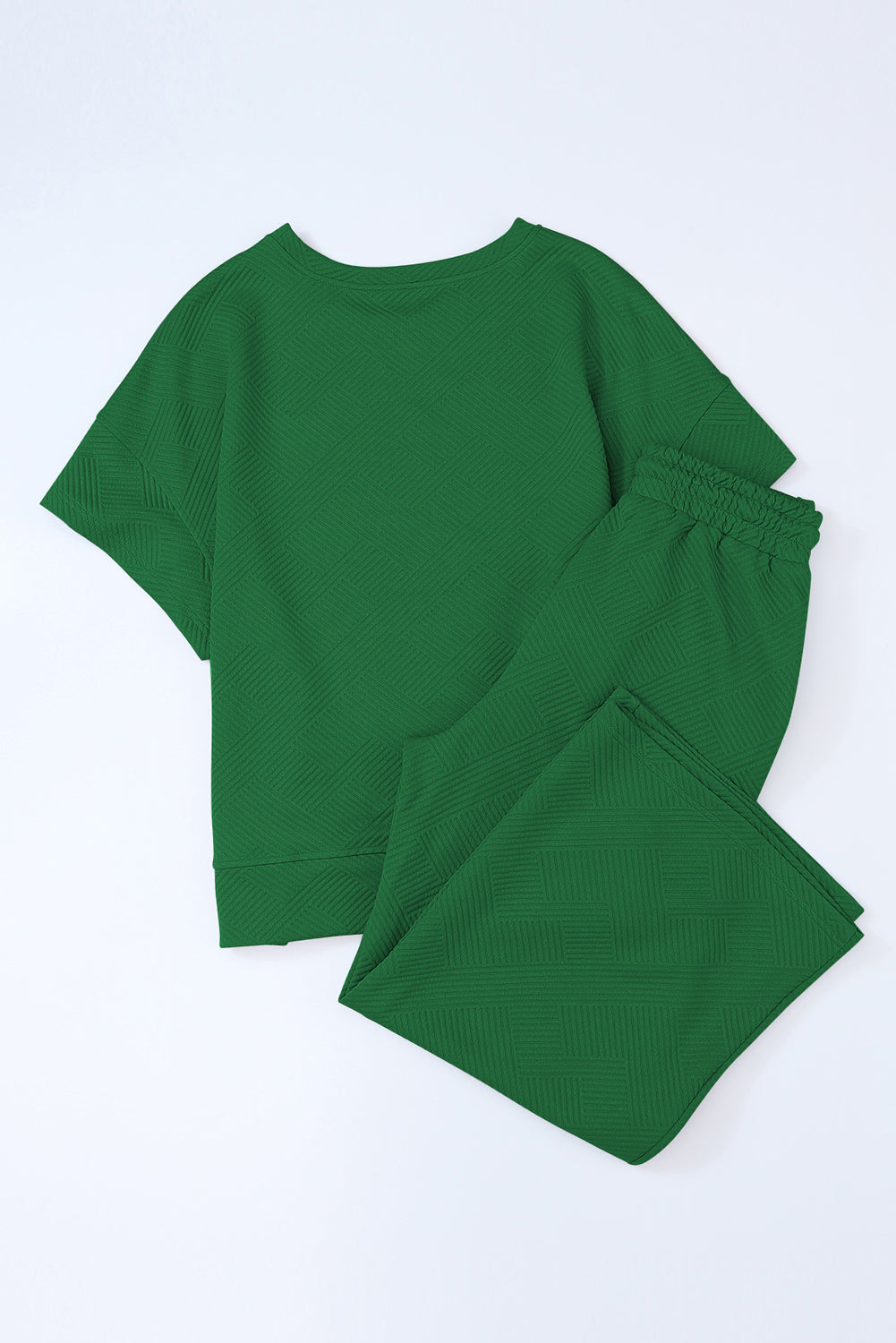 Dark Green Textured Loose Fit T Shirt and Drawstring Pants Set 🇨🇳