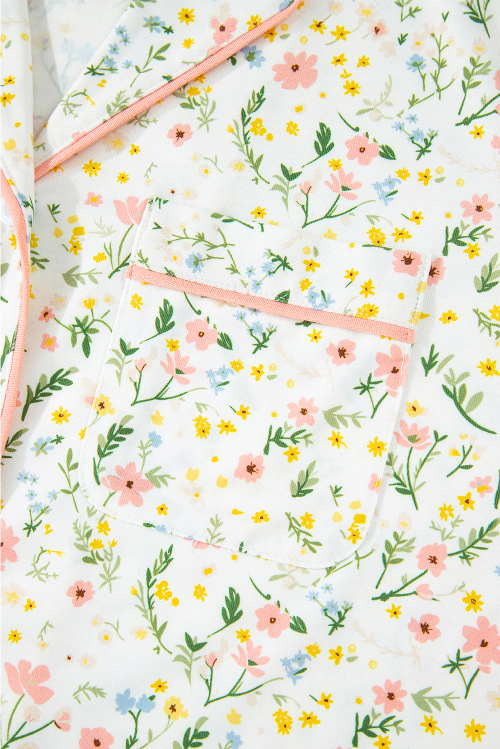 White Floral Print Contrast Pipping Short Pajamas Set 🇨🇳