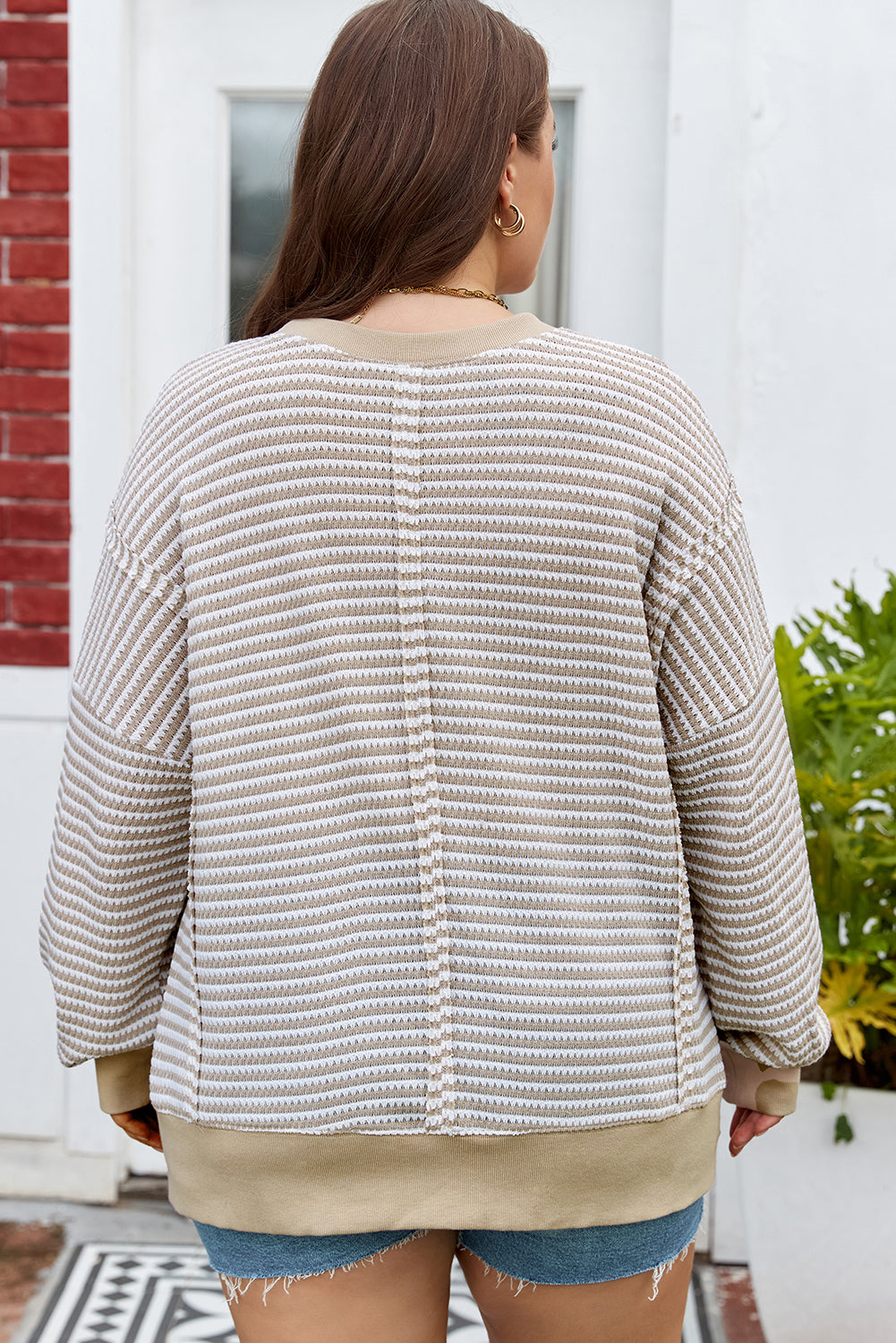 Brown Stripe Plus Size Breathable Knit Ribbed Trim Long Sleeve Top 🇺🇸