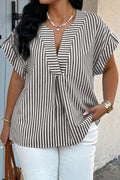 Black Stripe Plus Size V Neck Roll-tab Short Dolman Sleeve Blouse 🇺🇸