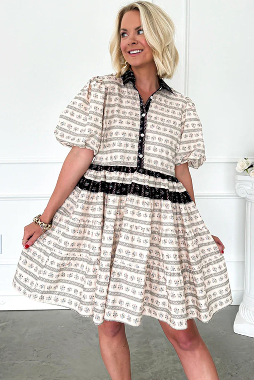 Black Boho Floral Striped Contrast Trim Bubble Sleeve Flared Dress 🇺🇸